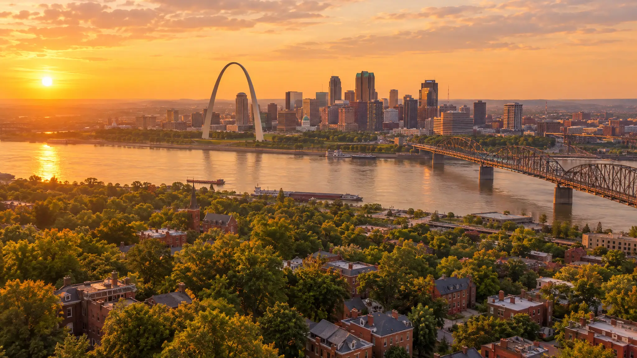 An aerial view of St. Louis and its river, with neighborhoods on both sides
