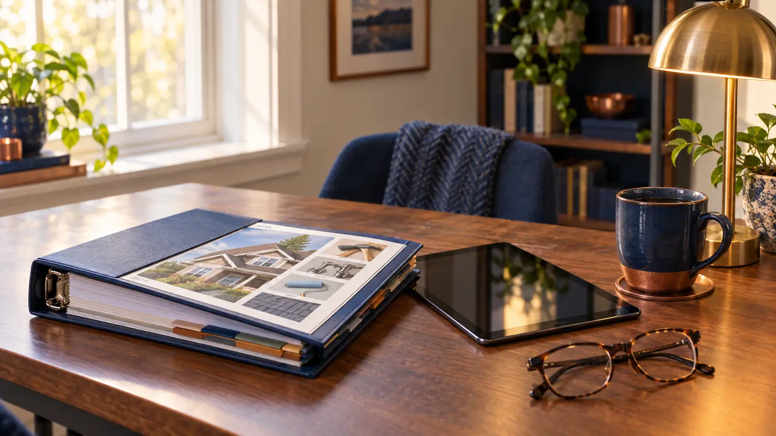 A homeowner reading a help guide at a kitchen table