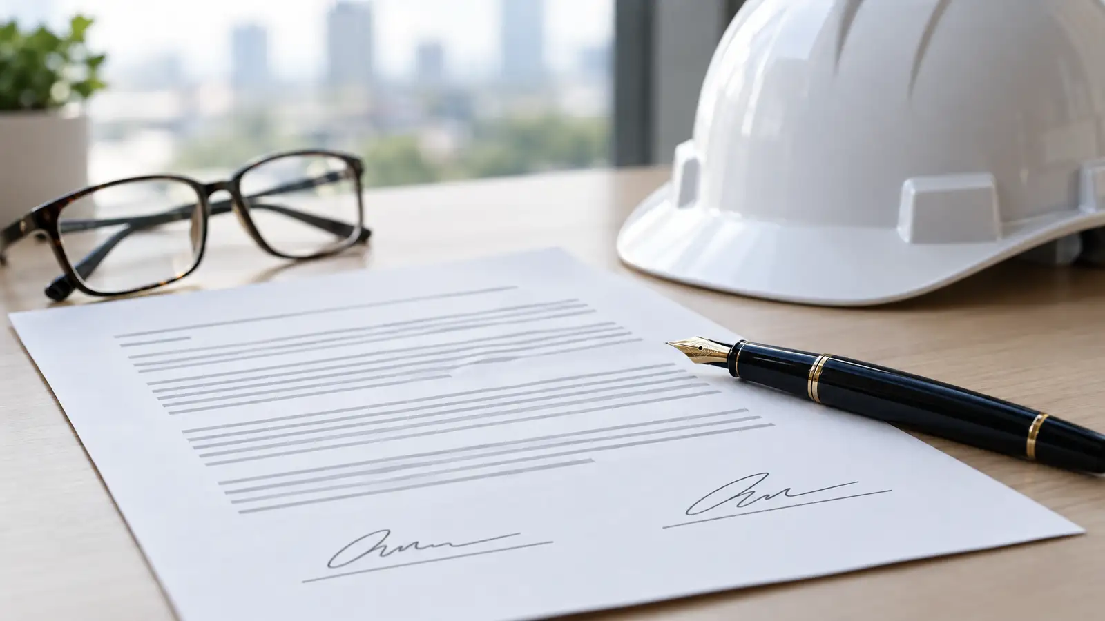 A signed agreement on a desk next to a hard hat